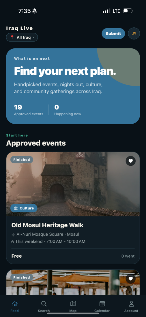 BAS Events home feed: a "Find your next plan" card with approved event counts, above a list of event cards.