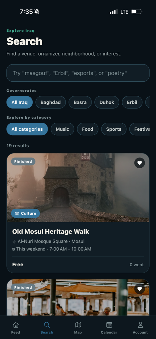 BAS Events search screen: filters for governorate and category, with 19 results listed.
